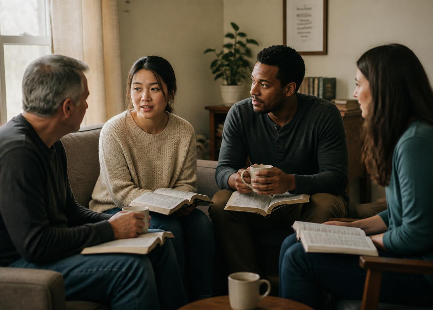 Four adults sitting together in a living room with open Bibles and coffee
