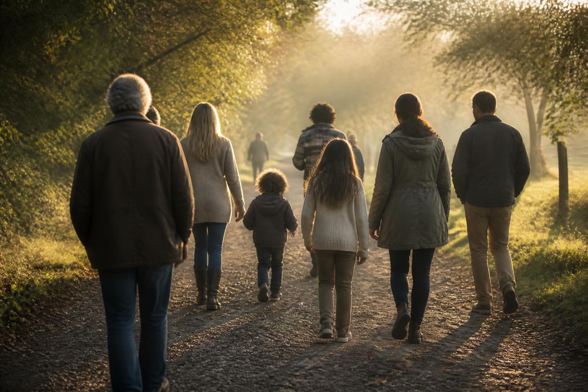 People of different ages walking together along a sunlit path